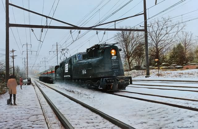 Winter scene with Penn Central train people waiting oil on