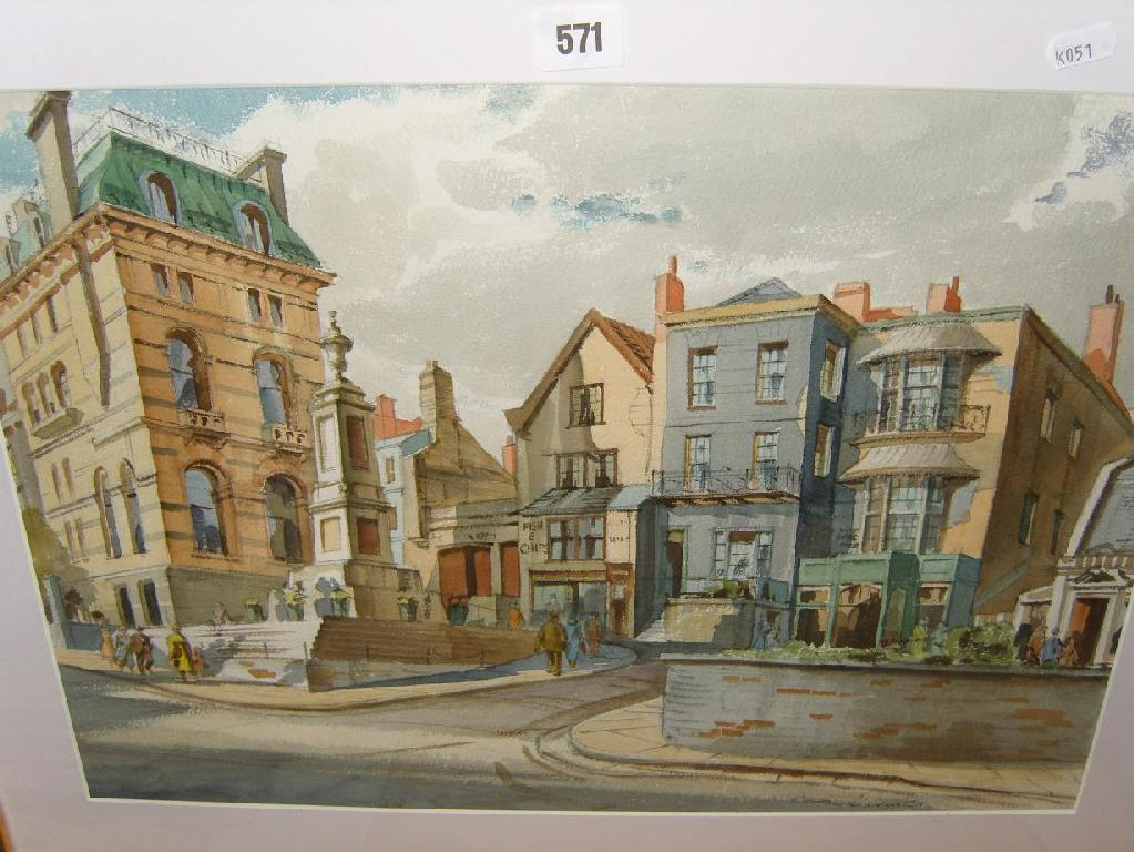 A watercolour of a town scene with monument shops figures