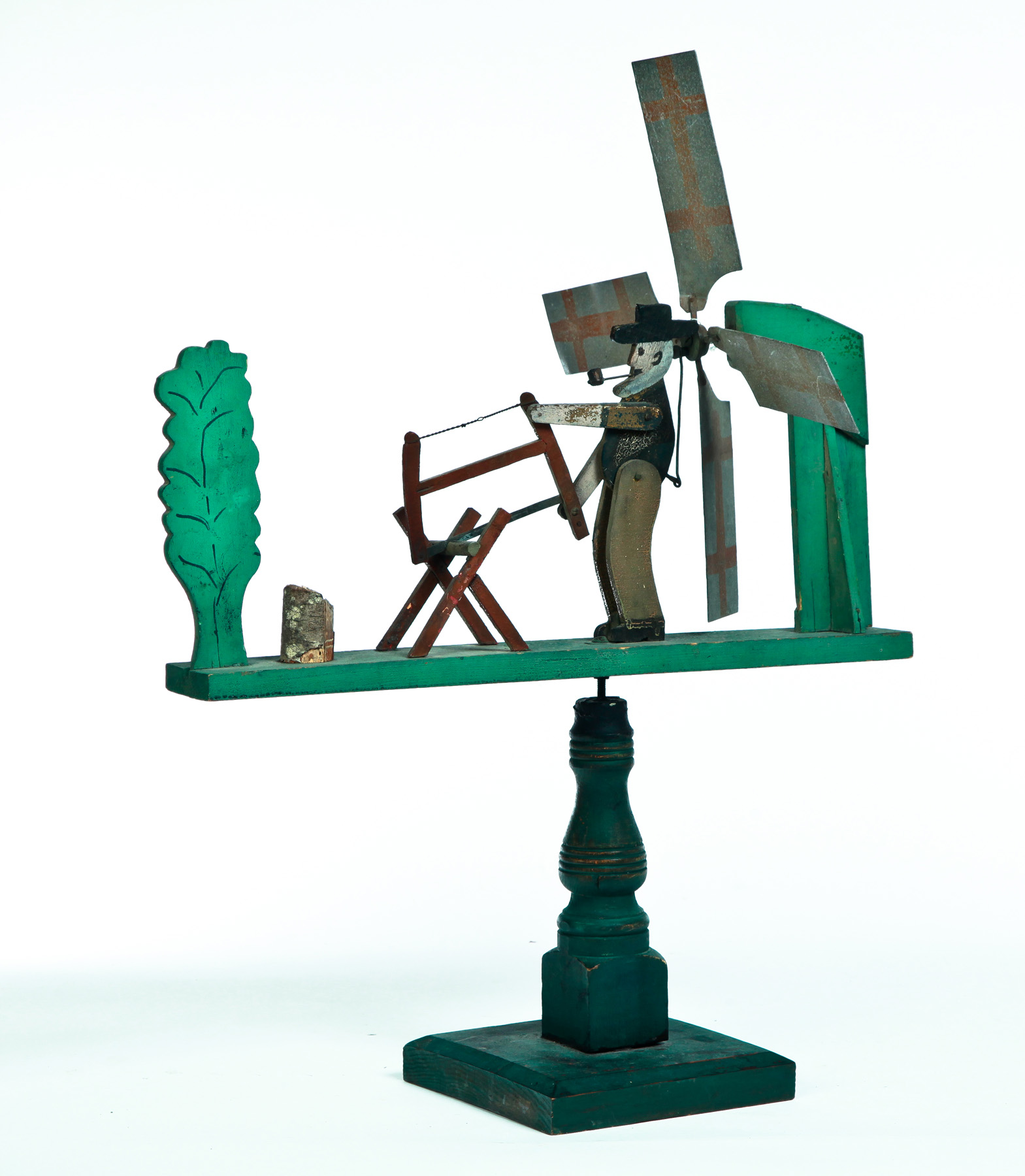 AMERICAN FOLKSY WHIRLIGIG Mid 20th century pine Man sawing wood