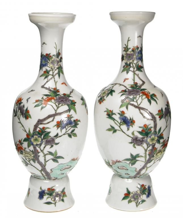 A PAIR OF FAMILLE VERTE VASES of shouldered form enamelled