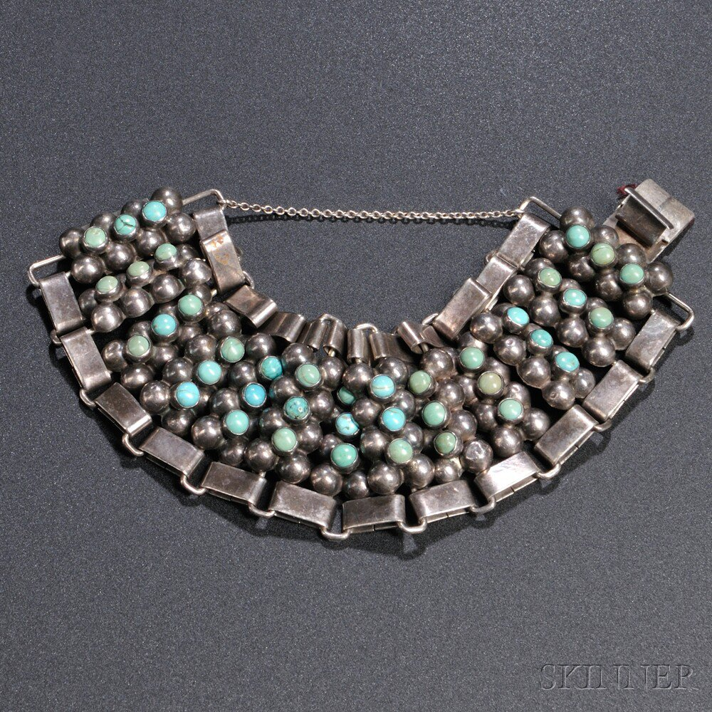 Mexican Sterling Silver and Turquoise Bracelet Mid 20th century Comprised