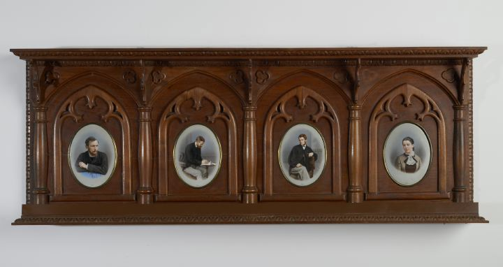 Rare Germano Bohemian Porcelain Portrait Plaque Set Walnut Overmantel Shelf