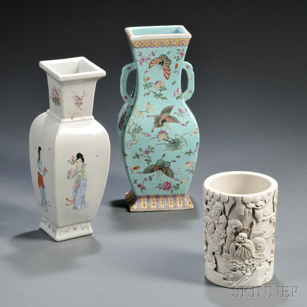 Three Porcelain Items China a cylindrical white glazed brush pot