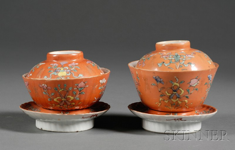 Pair of Porcelain Covered Cups and Stands lobated bodies orange