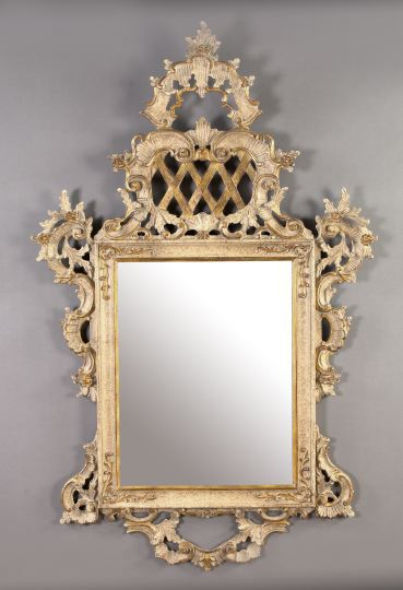 Northern Italian Carved White Painted and Parcel Gilt Wood Looking