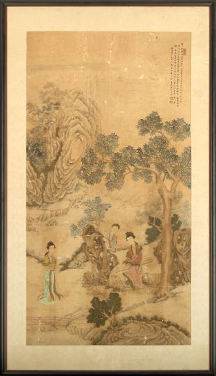 Framed Chinese Scroll 18th century ink and colors on paper