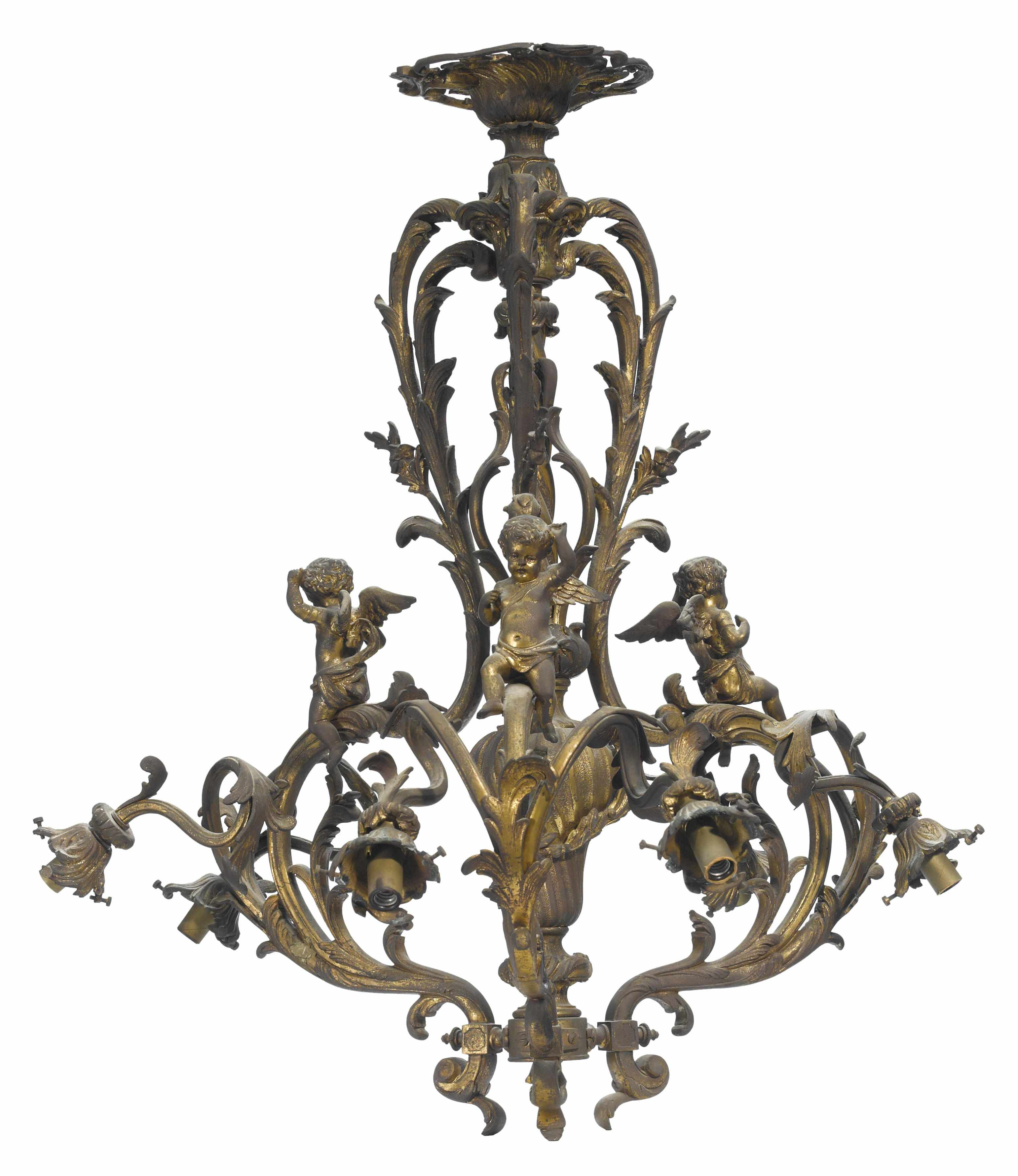 A Louis XV style gilt bronze six light chandelier early