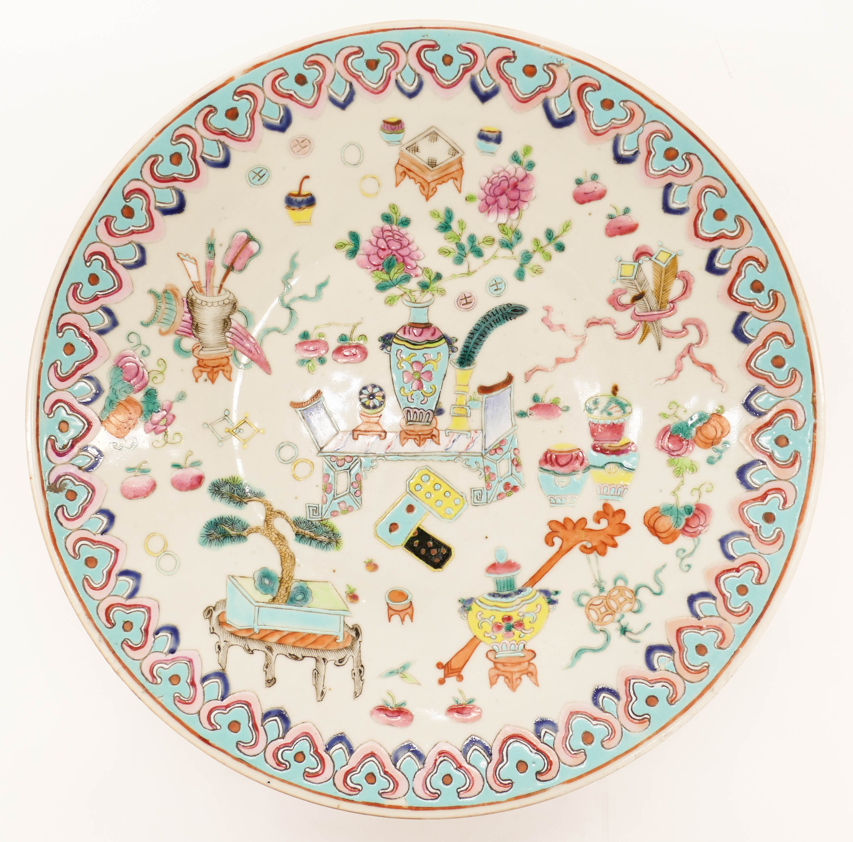 Chinese Qing Precious Objects Charger 13 5 Polychrome enameled with