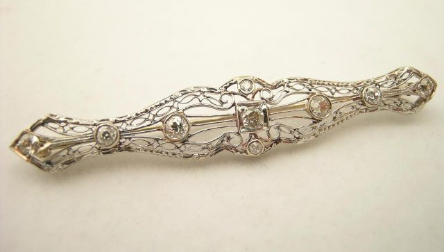 14k yellow and white gold vintage filigree diamond bar pin