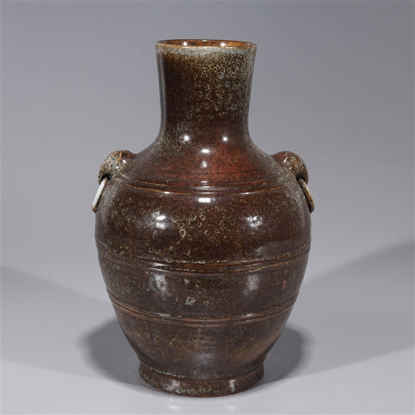 Chinese brown glazed ceramic vase with elephant handles six character