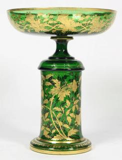 Moser green and gilt decorated centerbowl having gilt floral decoration