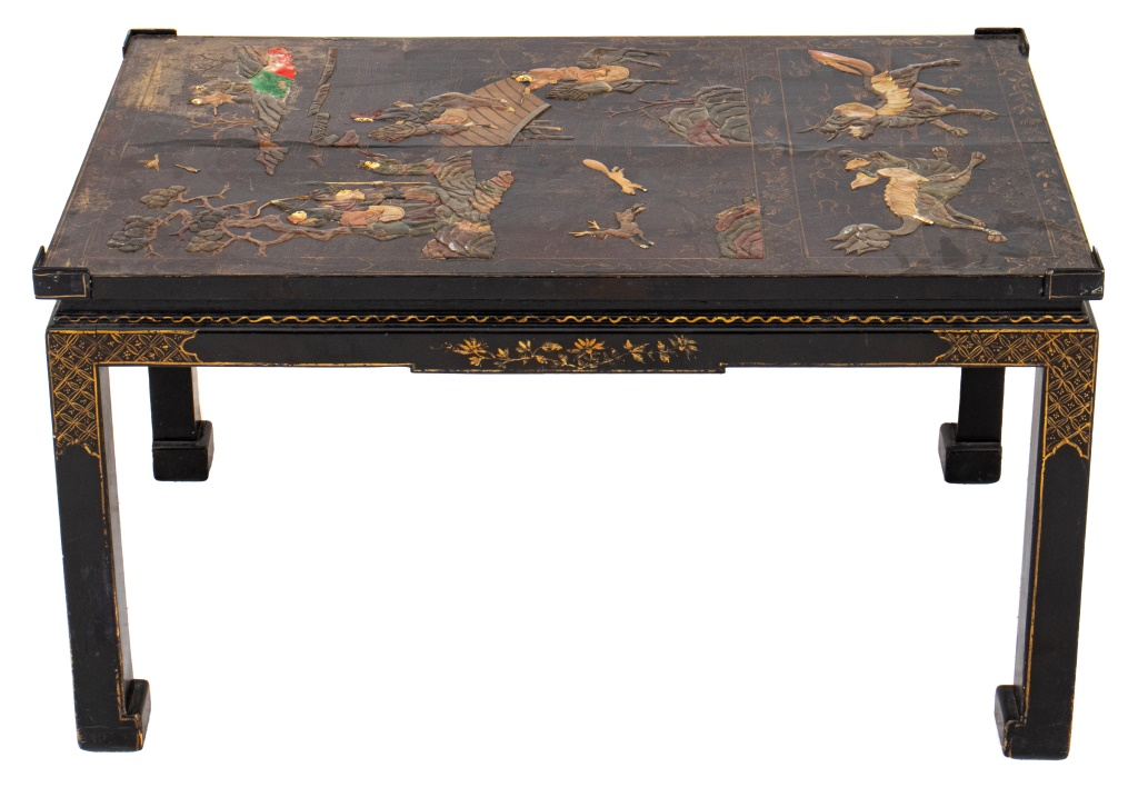 CHINESE HARDSTONE INLAID PANEL COFFEE TABLE Chinese hardstone and abalone