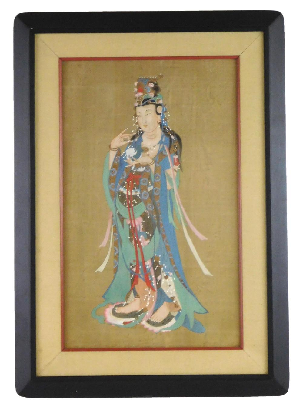 Portrait of Chinese deity watercolor on silk 19th C standing