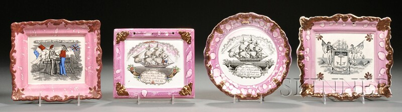 Four Sunderland Pink Lustre Maritime Theme Transfer decorated Pottery Plaques