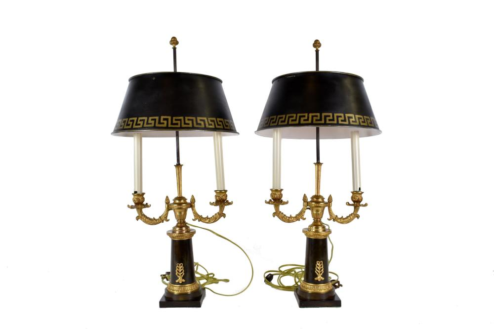 PAIR OF EMPIRE STYLE PATINATED GILT BRONZE BOUILLOTTE LAMPSEach two