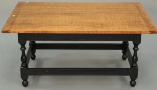 Custom tiger maple coffee table having tiger maple breadboard top