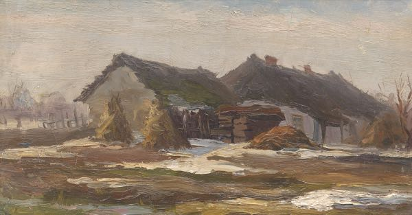 AMERICAN SCHOOL 20TH CENTURY 7 x 13 Farm landscape Oil