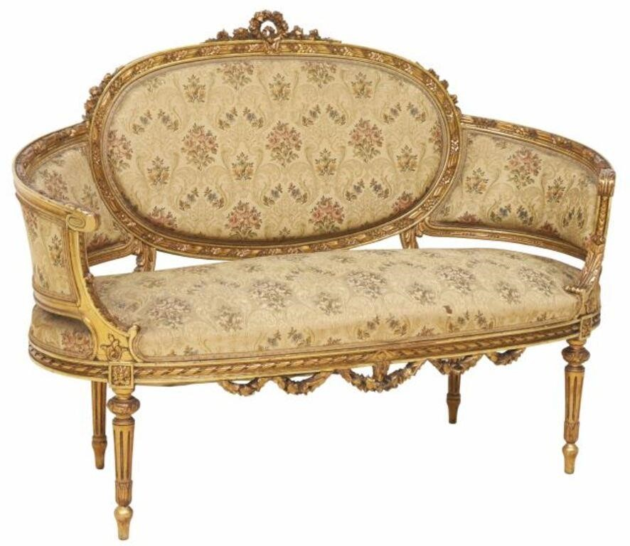 Louis XVI style gilt accented sofa early 20th c accented