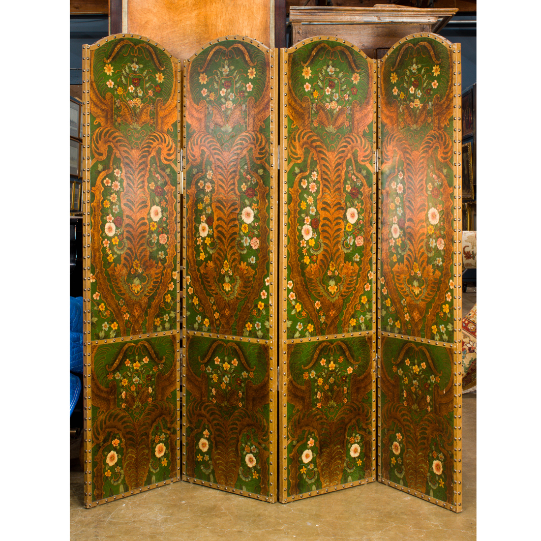A CONTINENTAL STYLE FOUR PANEL SCREEN A Continental style four