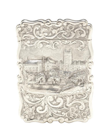 An unusual Victorian silver castle top card case by Frederick