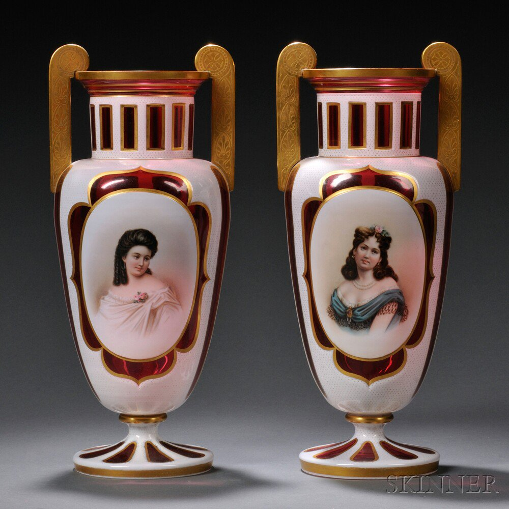 Pair of Bohemian Overlay Glass Portrait Urns 19th century upturned