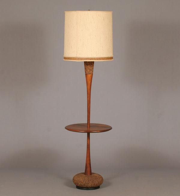 Unusual modern Eames era floor lamp flaired mahogany stem with