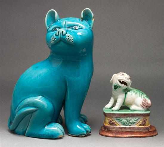 Chinese Export turquoise glaze porcelain cat and a similar foo