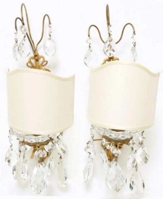 pair Italian gilt metal and crystal single light mirrored wall