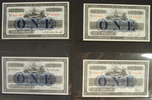 Two Belfast Northern Bank five pound notes and four one