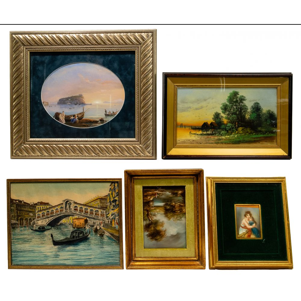 PAINTING ASSORTMENT 4 framed items including an unsigned miniature oil