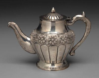 Mexican silver teapot scroll handle floral border marked HM 930