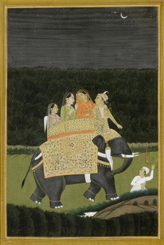 A MINIATURE PAINTING OF THREE LADIES ON AN ELEPHANT India