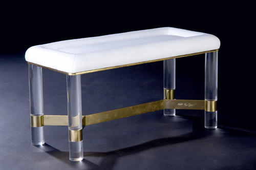 KARL SPRINGER Lucite and brass bench with white leather upholstery