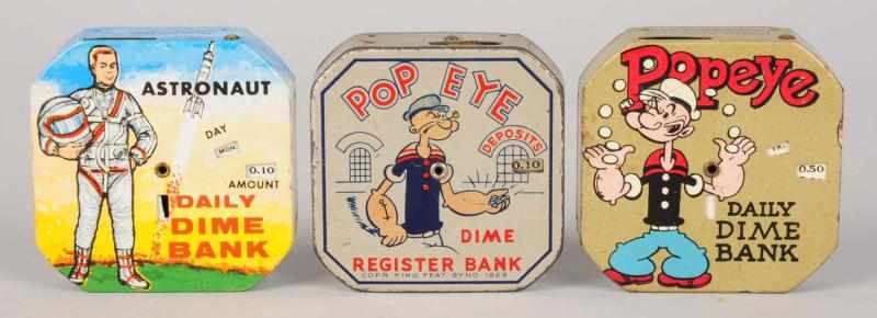 Lot of 3 Tin Litho Character Dime Banks Includes one