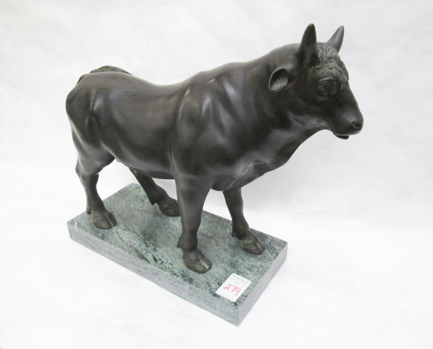 CAST BRONZE BULL SCULPTURE of a standing bull on marble