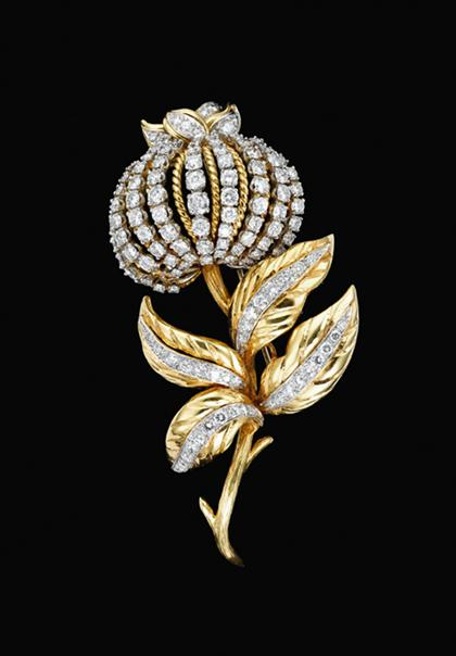 18 karat yellow gold diamond and pommegranite blossom brooch 1950s