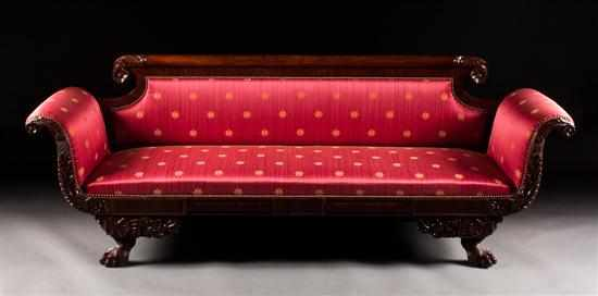 American Classical carved mahogany silk upholstered sofa New York or