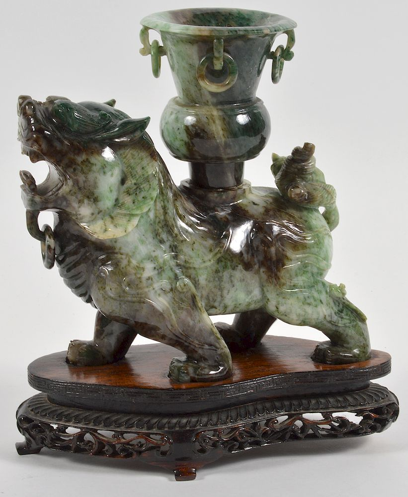 Carved Chinese Jade Foo Dog with Wood Base Carved spinach
