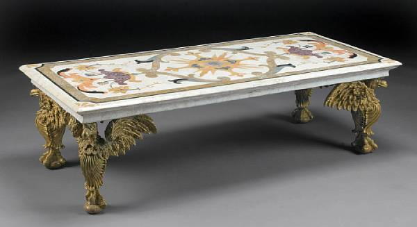 A Baroque style pietra dura iron and gilt composition low