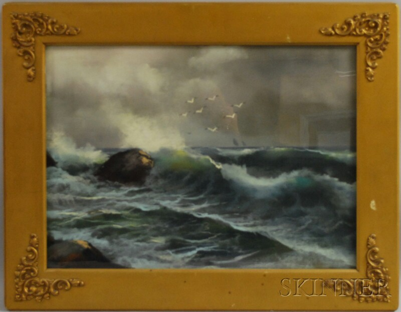 American School 19th Century Crashing Surf Unsigned Pastel on paper