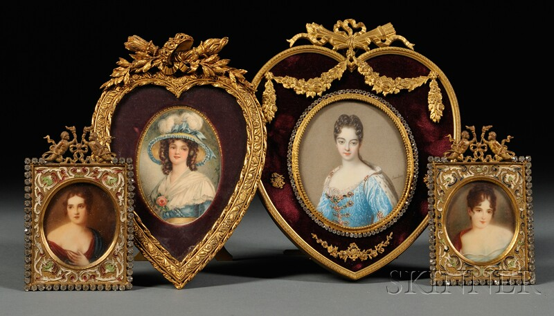 Four Framed Portrait Miniatures a pair of oval portraits on