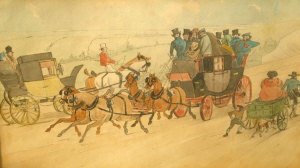 British Provincial School late 19th century Stage coaches on a