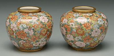 Pair Japanese satsuma vases polychrome mille fleurs on gold ground