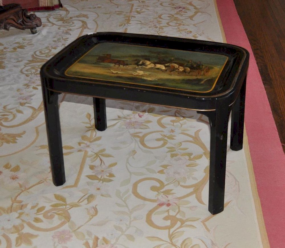 Decorated Tole Tray On Stand with coaching scene mounted to