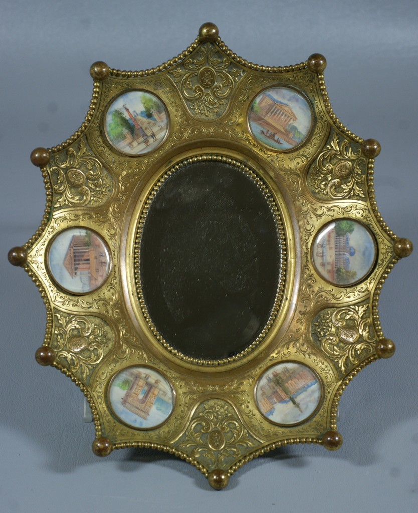 Gilt embossed brass hanging mirror with 6 HP on ivory