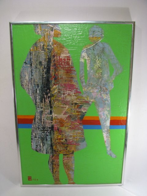 Chrome framed contemporary acrylic oil on canvas signed Renfro 1980