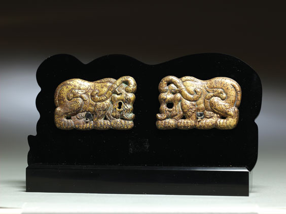 PAIR ANCIENT ORDOS GILT BRONZE PLAQUES Pair of extremely rare