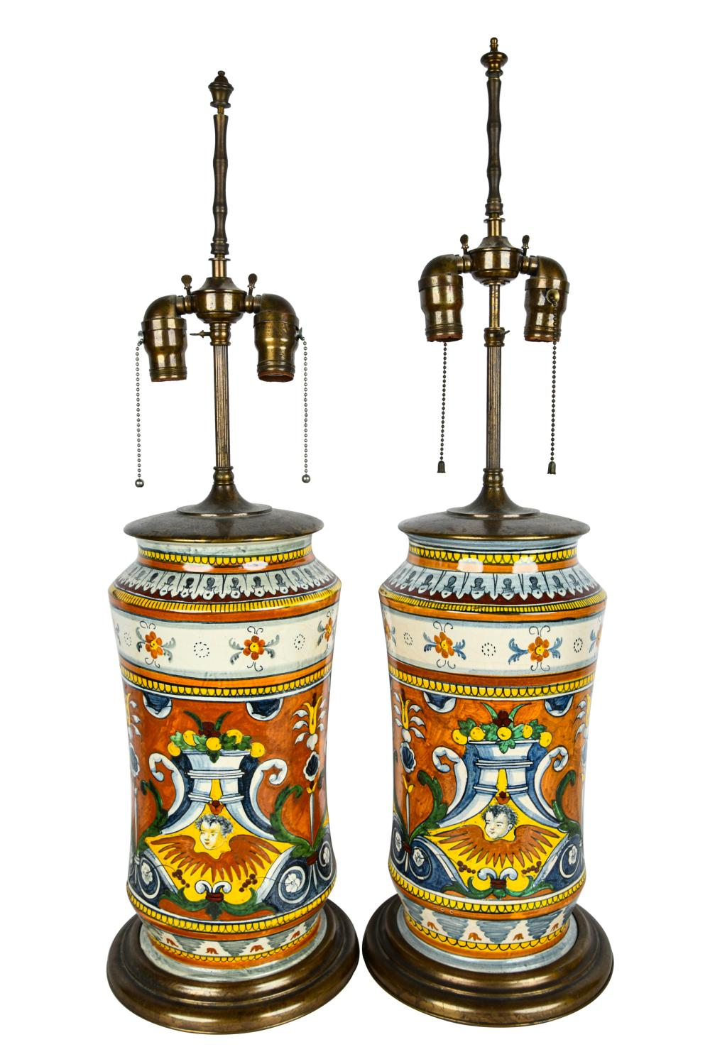 PAIR OF MAJOLICA ALBARELLO TABLE LAMPSCondition discoloration and scratches to