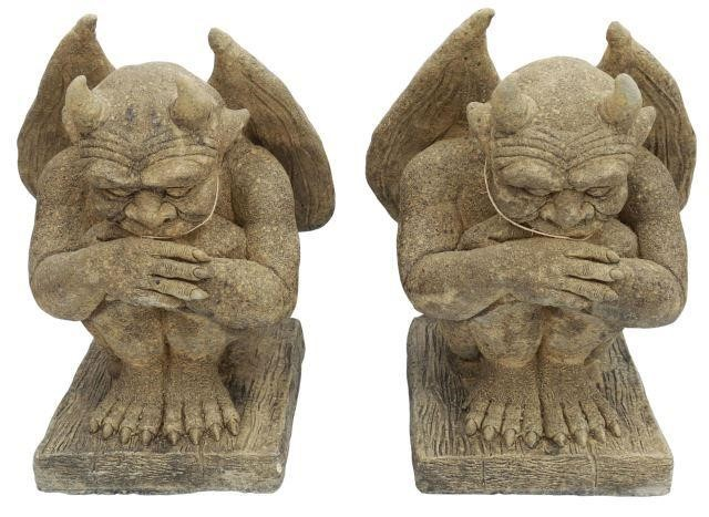 pair Cast stone garden statuary Hilda Gargoyles 20th c each