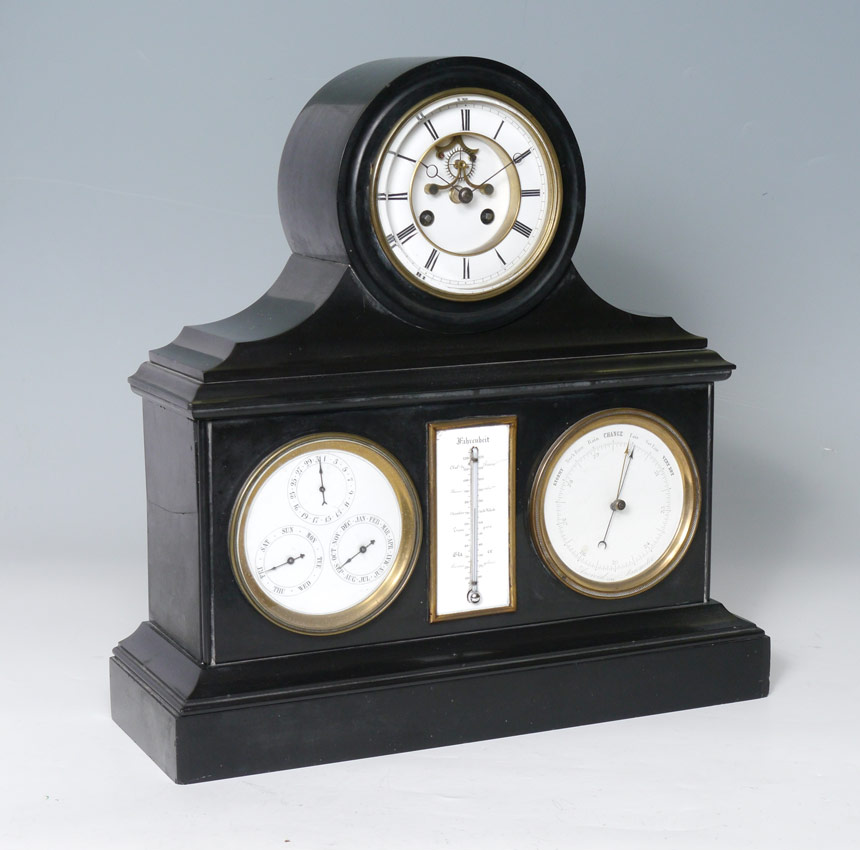 FRENCH SLATE MANTLE CLOCK WITH BAROMETER Black slate case with
